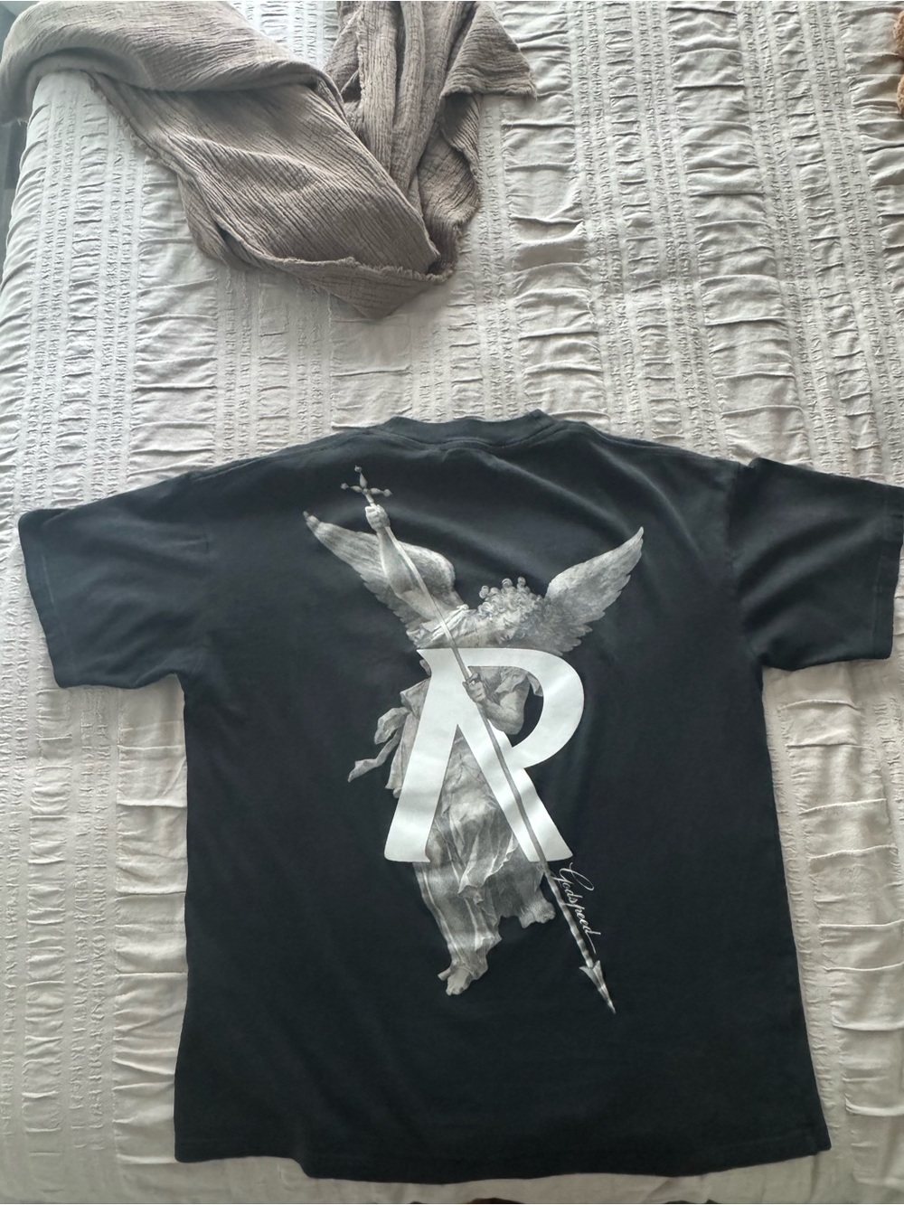 Black Graphic Short-Sleeve Tee with Angel Back Print